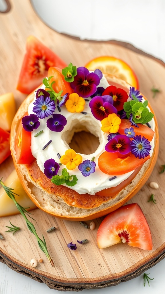 Aesthetic bagel with cream cheese, vegetables, and edible flowers on a wooden board.